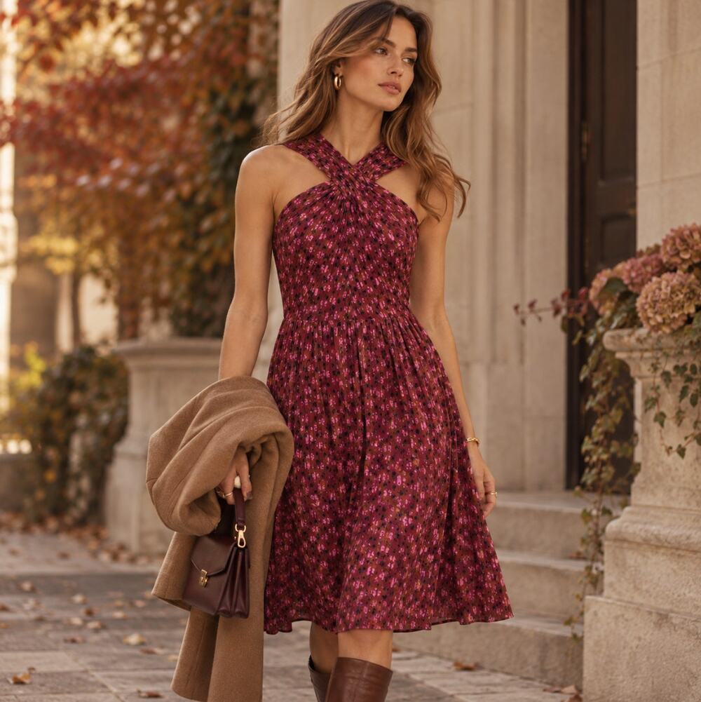 KATE SPADE NEW YORK Floradoodle Halter Dress Brown Pink Floral Sz 2 $368 {Z31}